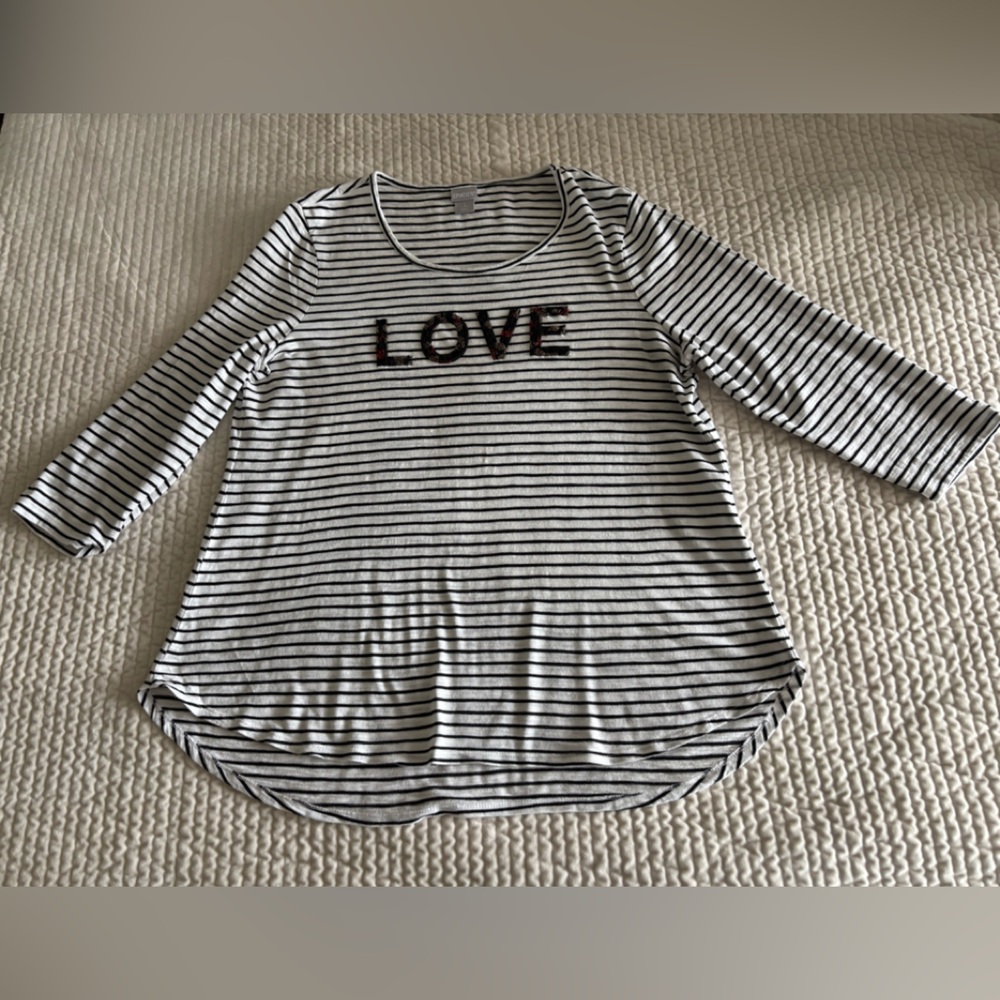 CHICO’S Striped Long Sleeve Shirt with Love Print-size 2
